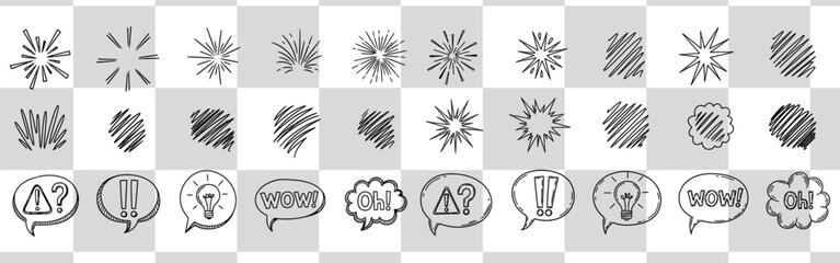 Obraz premium Collection of hand drawn sketch style elements including sunbursts scribbles and speech bubbles icons