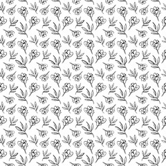 Seamless pattern featuring stylized flowers and leaves in a monochrome black and white color scheme