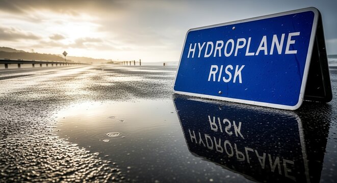 Hydrop lane Risk Sign Indicating Hazard on Wet Road Surface and Dramatic Sunrise Sky