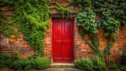 Classic red door with worn brick wall
