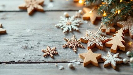 Festive Christmas gingerbread cookies with icing and decorations on a rustic wooden background