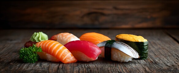 Assorted sushi and nigiri inviting warmth and joy on a rustic wooden table