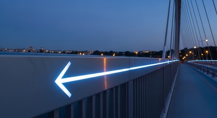 Illuminated Navigation Arrow Directing Towards Urban Cityscape Beneath Evening Sky