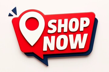 Bright red shop now speech bubble with a location pin icon indicating a point of sale or retail destination