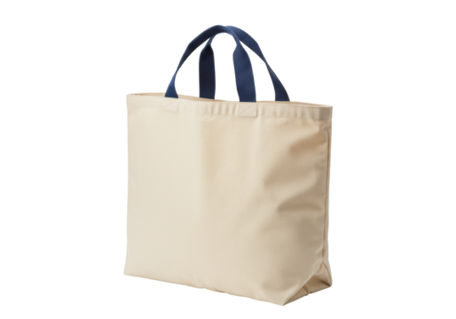 Isolated beige canvas tote bag with blue handles, blank shopping mockup, reusable carrier