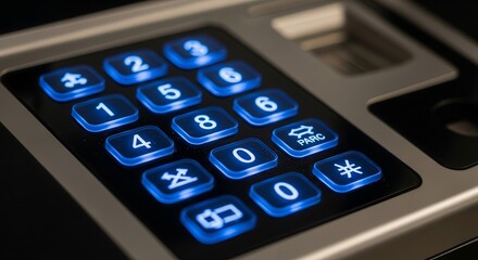 Illuminated Numeric Keypad Detail: Secure Access With Glowing Blue Buttons And Technology