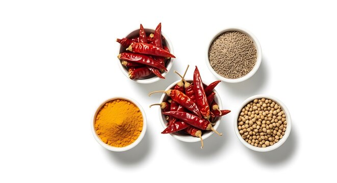 Assortment of dried spices and chili peppers in white bowls