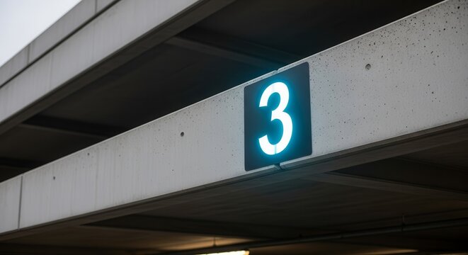 Illuminated Number Three Sign At An Elevated Platform In A Parking Garage Environment