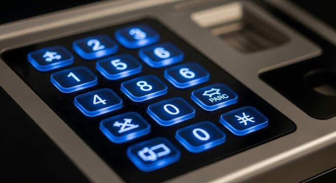 Illuminated Numeric Keypad Detail: Secure Access With Glowing Blue Buttons And Technology