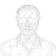 An elderly man's face composed of geometric triangles, wearing glasses, a shirt, and trousers in a minimalist black and white illustration.