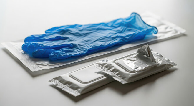 Blue medical gloves and sterile wipes packaging