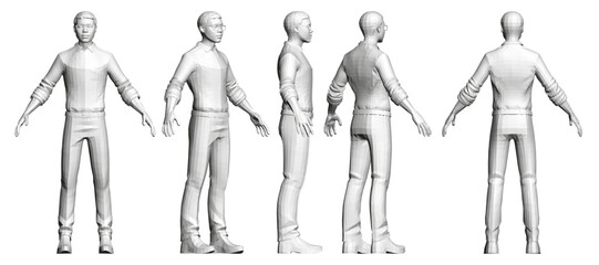 Stylized African male in suit and glasses performs four distinct poses with outstretched arms and clasped hands.