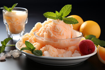 A bowl of peach ice cream is topped with fresh mint and surrounded by lemon slices, crushed ice, and berries, creating a bright and refreshing summer treat.