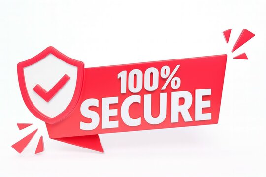 Red banner with 100 secure text and shield icon signifying trust and safety in online transactions