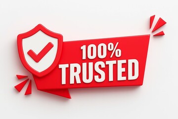 Red banner with 100 percent trusted text and shield icon with check mark signifying reliability and security