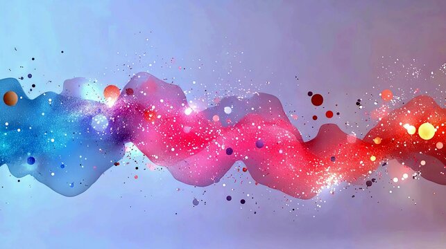 A dynamic, abstract composition featuring a flowing wave of blue and pink liquid, adorned with shimmering particles and scattered spheres. - Powered by Adobe