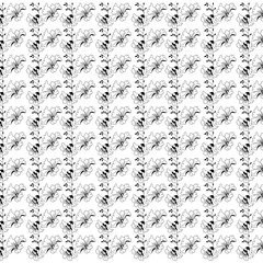 Seamless pattern of stylized flowers and stems in black and white creating a repeating floral design