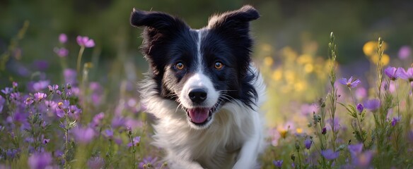 Lively border collie dashing through blooming meadow flowers with joyful spirit
