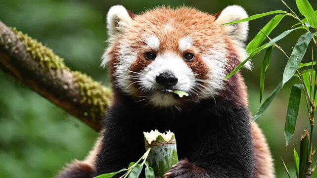 Red Panda Eating Bamboo Leaves in Daytime