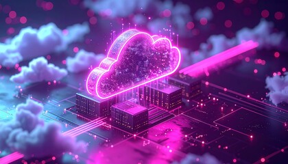 Network Transition Map: Abstract pathway connecting physical datacenter miniature to floating cloud node with glowing connection lines
