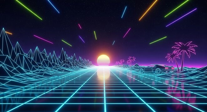 Retro futuristic digital landscape with neon grid sunset and palm trees