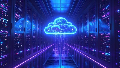 Data Transfer Stream: Holographic file icons flowing upward from server racks toward luminous cloud symbol overhead
