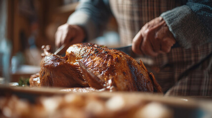 A person carving a roasted turkey with a knife on a wooden cutting board in a warm setting