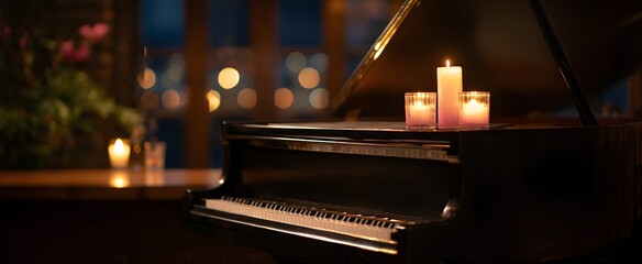 Grand piano softly sings as candles warm the cozy evening bar with calm.