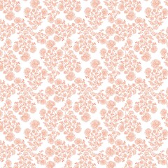 Delicate floral pattern in peach and white with repeating bouquets and swirling vine accents design