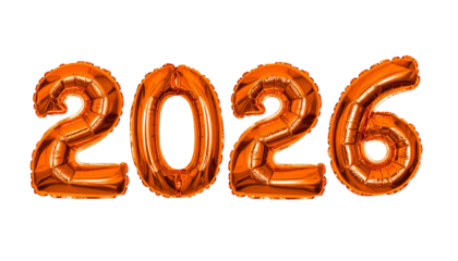 inflated reflective glassy orange inscription 2026 isolated on transparent background, png