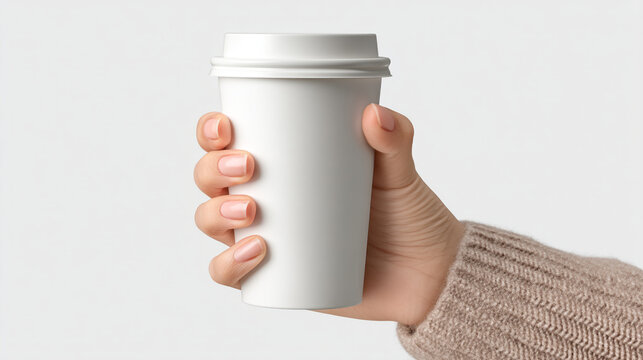 A hand holding a white paper coffee cup with a lid on a plain background
