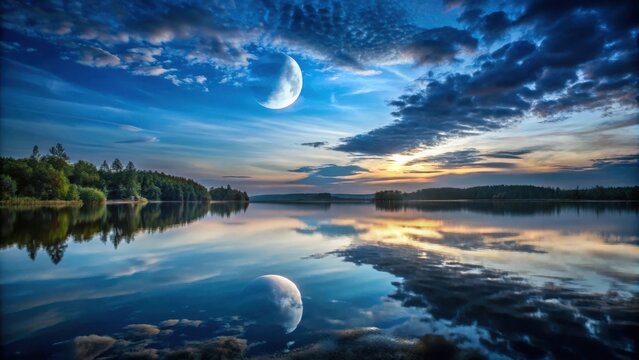 Serene night scene with a half-moon visible in a cloudy sky reflected perfectly on the calm surface of a lake or river - Powered by Adobe
