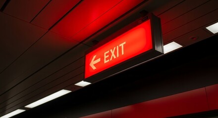 Illuminated Red Exit Sign Indicating Directional Guidance and Safety