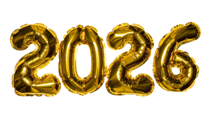 inflated reflective glassy golden inscription 2026 isolated on transparent background, png