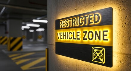 Illuminated Restricted Vehicle Zone Sign in a Modern Parking Garage Warning Area