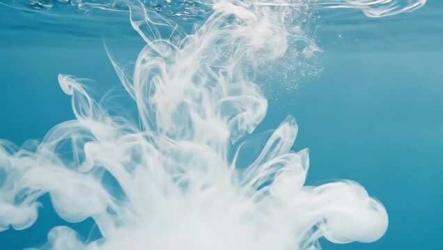 White ink diffusing in clear blue water, creating an abstract, smoky cloud effect.