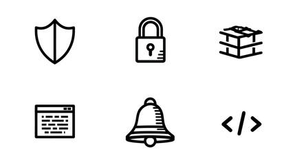 Outline icons set for cybersecurity, web development, internet safety, notifications, and programming concepts
