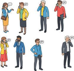 Group of business professionals talking on mobile phones, corporate communication, teamwork, office conversation, professional attire, modern workplace technology, collaboration concept