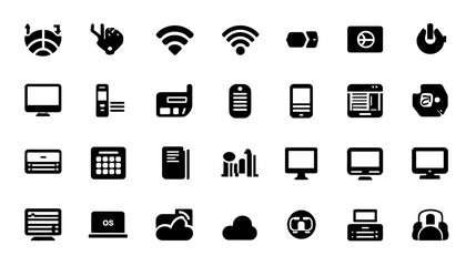 Vector Technology Icons Set. Digital Devices, Communication, Network, Wireless, Internet, Cloud Computing, and Mobile Glyphs
