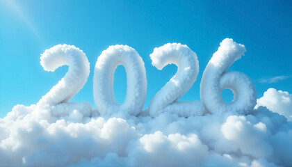 '2026' formed by fluffy clouds on clear blue sky, sharp focus, modern aesthetic