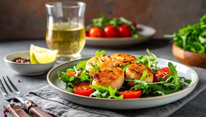 Plate of seared shellfish with greens, tomatoes, and drinks