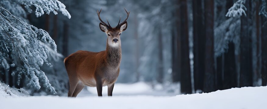 Majestic deer chillin in a snowy woodland during wintertime.