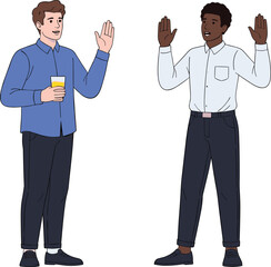 Two men greeting each other, friendly conversation illustration, casual communication, social connection, friendship, lifestyle concept, cheerful meeting in flat design