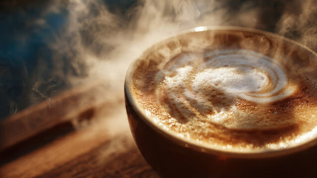 A close-up of a steaming hot cup of coffee with intricate latte art and frothy milk, evoking warmth and comfort.