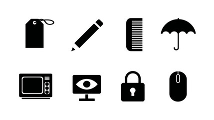 Diverse black silhouette icons set: tag, pencil, comb, umbrella, microwave, eye monitor, padlock, mouse. UI/UX elements.