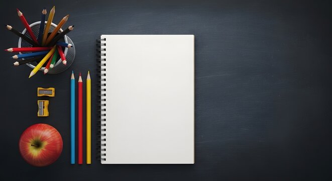 Back to school supplies on a dark background with notebook