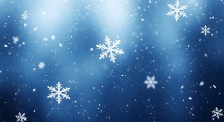 Falling snowflakes on a blue background with light rays