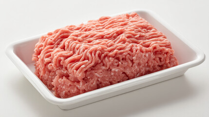 Close up shot of raw ground meat in a white tray on a white background ready for cooking use