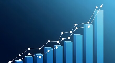 Rising bar graph with line graph overlay on blue background