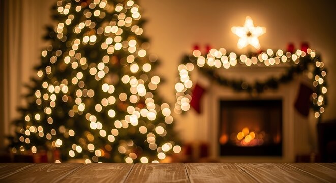 Warm christmas tree and fireplace scene with bokeh lights